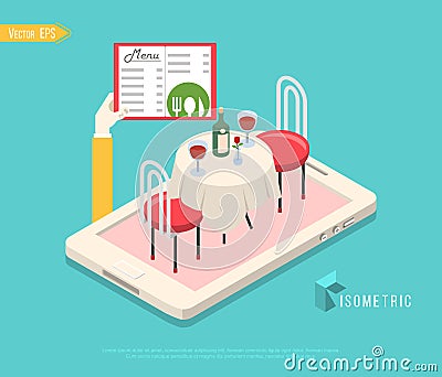 Flat isometric restaurant table on smartphone vector illustration. 3d isometry online mobile reservation app concept. Vector Illustration