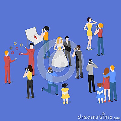 Flat isometric set of photographers. Wedding, family and kids photography. Paparazzi, journalist. Fashion, reportage and advertisi Stock Photo