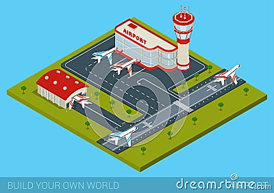 Flat isometric style airport building, hangar, runway, airplanes Vector Illustration