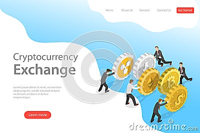 Flat isometric vector landing page template of cryptocurrency exchange. Vector Illustration