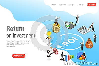 Flat isometric vector landing page template of return on investment, roi. Vector Illustration