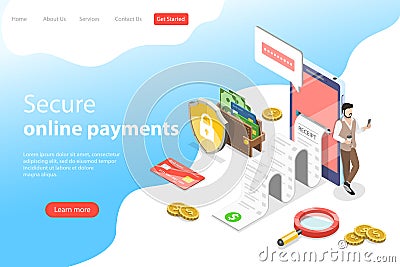 Flat isometric vector landing page template of secure online payment, receipt. Vector Illustration