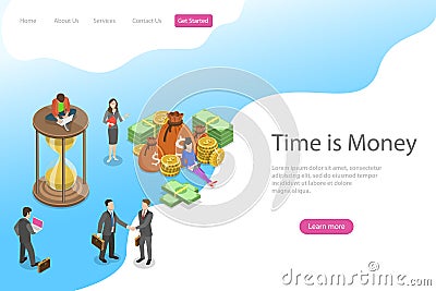 Flat isometric vector landing page template for time is money, income growth. Vector Illustration