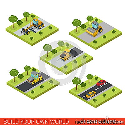 Flat isometric vector road highway making asphalt construction Vector Illustration