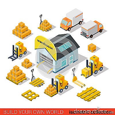 Flat isometric vector warehouse delivery transport infographic Vector Illustration