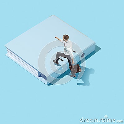 Flat isometric view of businessman going at folder with documents with empty copy space Stock Photo