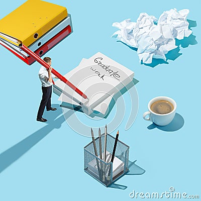 Flat isometric view of businessmen with big pen planning his graduate work Stock Photo