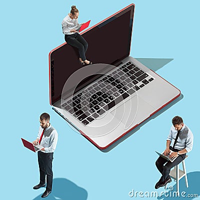 Flat isometric view of businessmen and woman showing at laptop with empty screen. Stock Photo