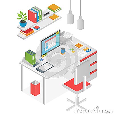 Flat isometric workspace worl place concept vector isolated. Vector Illustration