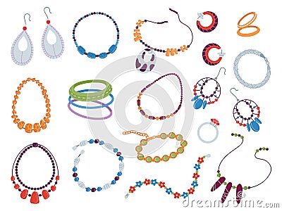 Flat jewelry collection. Vintage beads, necklace and chain. Fashion earrings and bracelets, flat jewelries and Vector Illustration