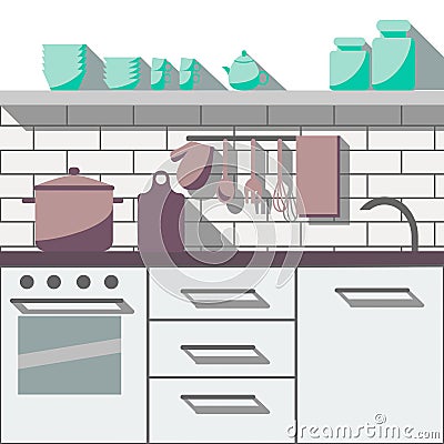 Flat kitchen room Cartoon Illustration