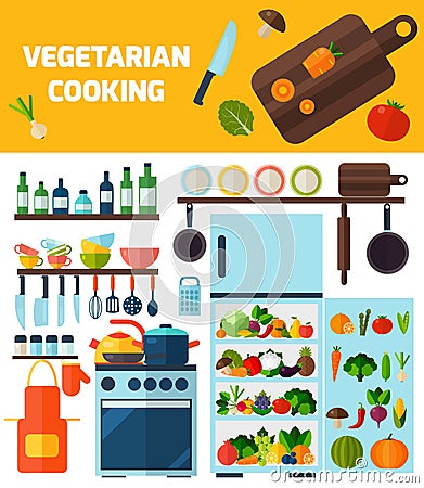 Flat kitchen and vegetarian cooking icons. Vector Illustration