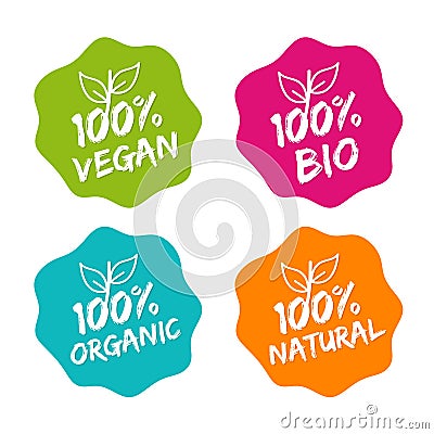 Flat label collection of 100% organic product and premium quality natural food. Eps10. Vector Illustration