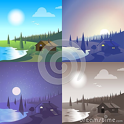 Flat lake house landscape scene set Vector Illustration