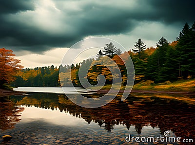 Flat lake stormy skies cinematic deciduous palette. Stock Photo