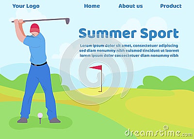 Flat Landing Page Offering Golf as Sport Summer Vector Illustration