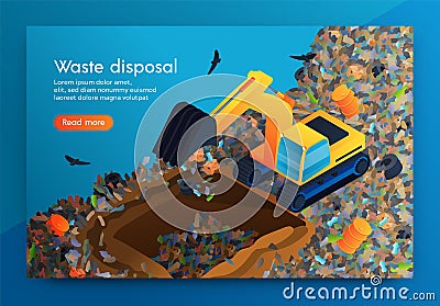 Flat Landing Waste Disposal at Huge Garbage Dump. Vector Illustration