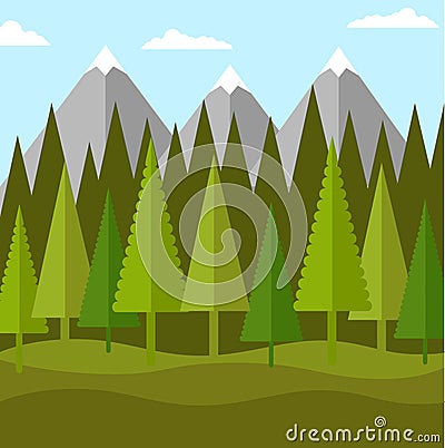 Flat landscape of forest of conifers and mountains Vector Illustration