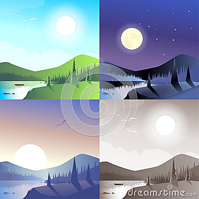 Flat landscape hilly mountain boat on lake and forest scene set Vector Illustration