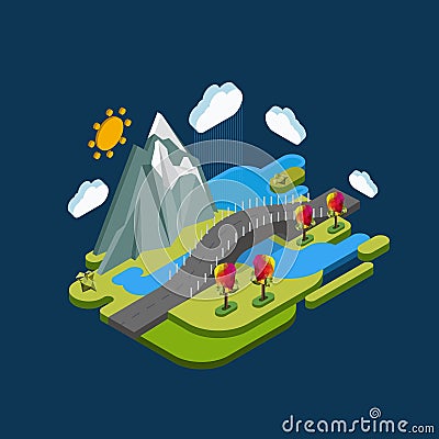 Flat landscape isometric concept nature with mountains, bridge and river. Vector Illustration