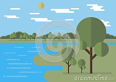 Flat landscape vector illustration with flat clouds, flat trees, flat sun. Editable. Vector Illustration