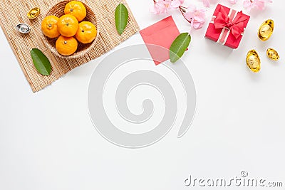 Flat lay of accessories Chinese new year and decorations Lunar new year festival concept background. Stock Photo