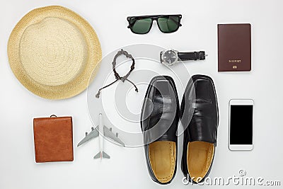 Flat lay of accessories travel and fashion men concept background. Stock Photo