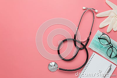 Flat lay aerial of accessories healthcare & medical background concept. Stock Photo