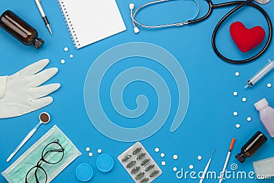 Flat lay aerial of accessories healthcare & medical background concept. Stock Photo