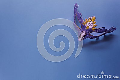 Flat lay aerial image of beautiful purple silver carnival mask for carnival holiday Stock Photo