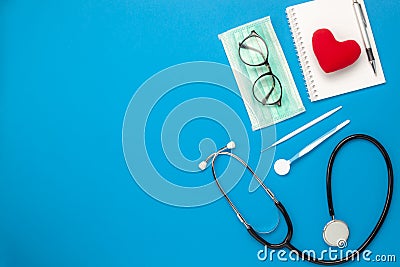 Flat lay aerial image of tools medical & Healthcare background concept. Stock Photo