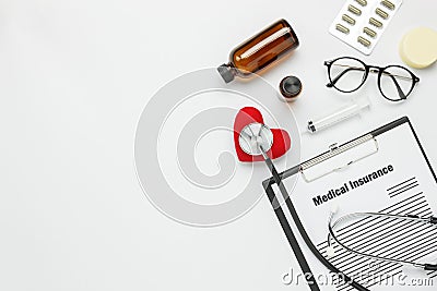 Flat lay aerial of tools medical & Healthcare insurance background Stock Photo