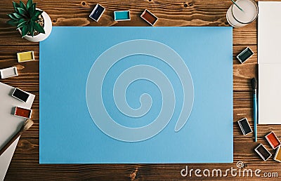 Flat lay Art designer color workspace . Creative top view with copy space blue Stock Photo