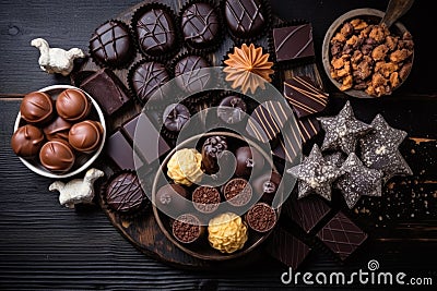 flat lay of an assortment of chocolates on a dark wooden table Stock Photo