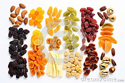 a flat lay of an assortment of dried fruits on a white background Stock Photo