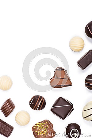 Flat lay of assortment of sweet delicious chocolate candies Stock Photo