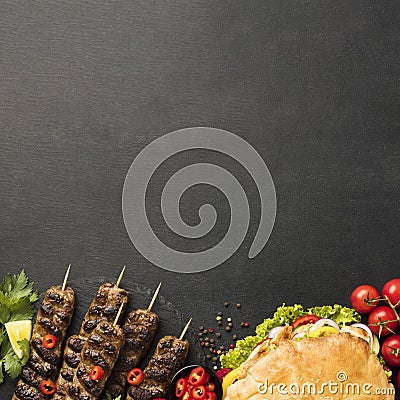 flat lay assortment tasty kebabs with copy space. High quality photo Stock Photo