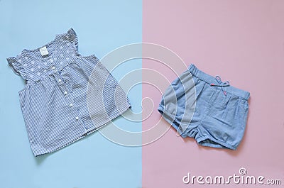 Flat lay baby girl clothes collection. fashion girl clothes set.collection collage baby clothes. Stock Photo