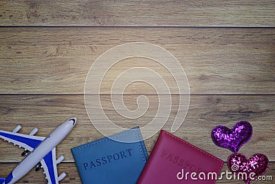 Flat-lay background for love couple traveling honeymoon concept for Valentine background. Stock Photo