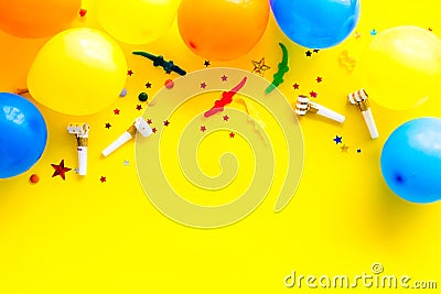 Flat lay with ballons - party concept - on yellow background top-down copy space Stock Photo