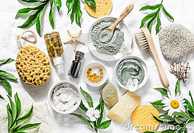 Flat lay beauty skin care ingredients, accessories. Natural beauty products on a light background Stock Photo
