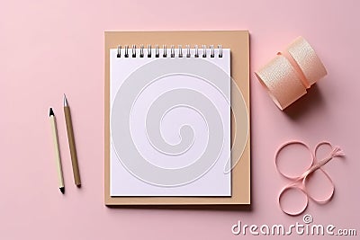 Flat lay blank paper sheet, notebooks, clips pink background. Generative AI Stock Photo
