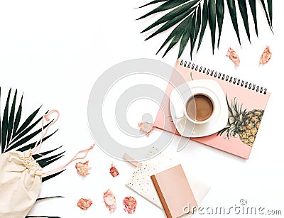 Flat lay blogger workspace mockup with tropical leaves Stock Photo