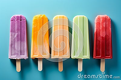 Flat lay of bright ice cream popsicles, top view on blue Stock Photo