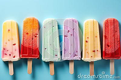 Flat lay of bright ice cream popsicles, top view on blue Stock Photo