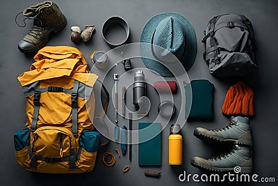 Flat lay of camping equipment and trekking clothes. Packing backpack for a trip concept with traveler items isolated on a grey Stock Photo
