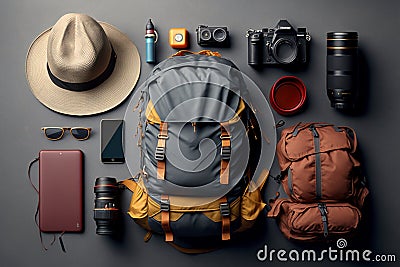 Flat lay of camping equipment and trekking clothes. Packing backpack for a trip concept with traveler items isolated on a grey Stock Photo