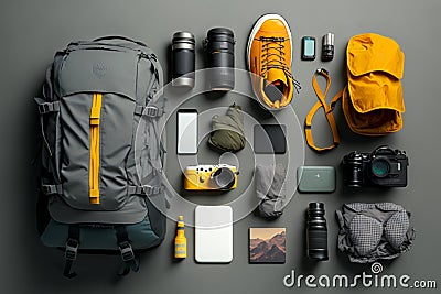 Flat lay of camping equipment and trekking clothes. Packing backpack for a trip concept with traveler items isolated on a grey Stock Photo