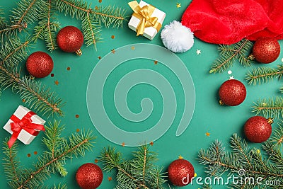 Christmas composition with festive decor and gift boxes on color background Stock Photo
