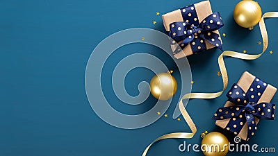 Flat lay Christmas gift boxes, golden balls, confetti, ribbon over blue background. Xmas banner mockup with copy space. Christmas Stock Photo